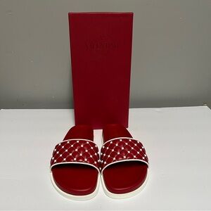 VALENTINO Garavani Free Rockstud Spike Slide Slipper Rosso Size 37